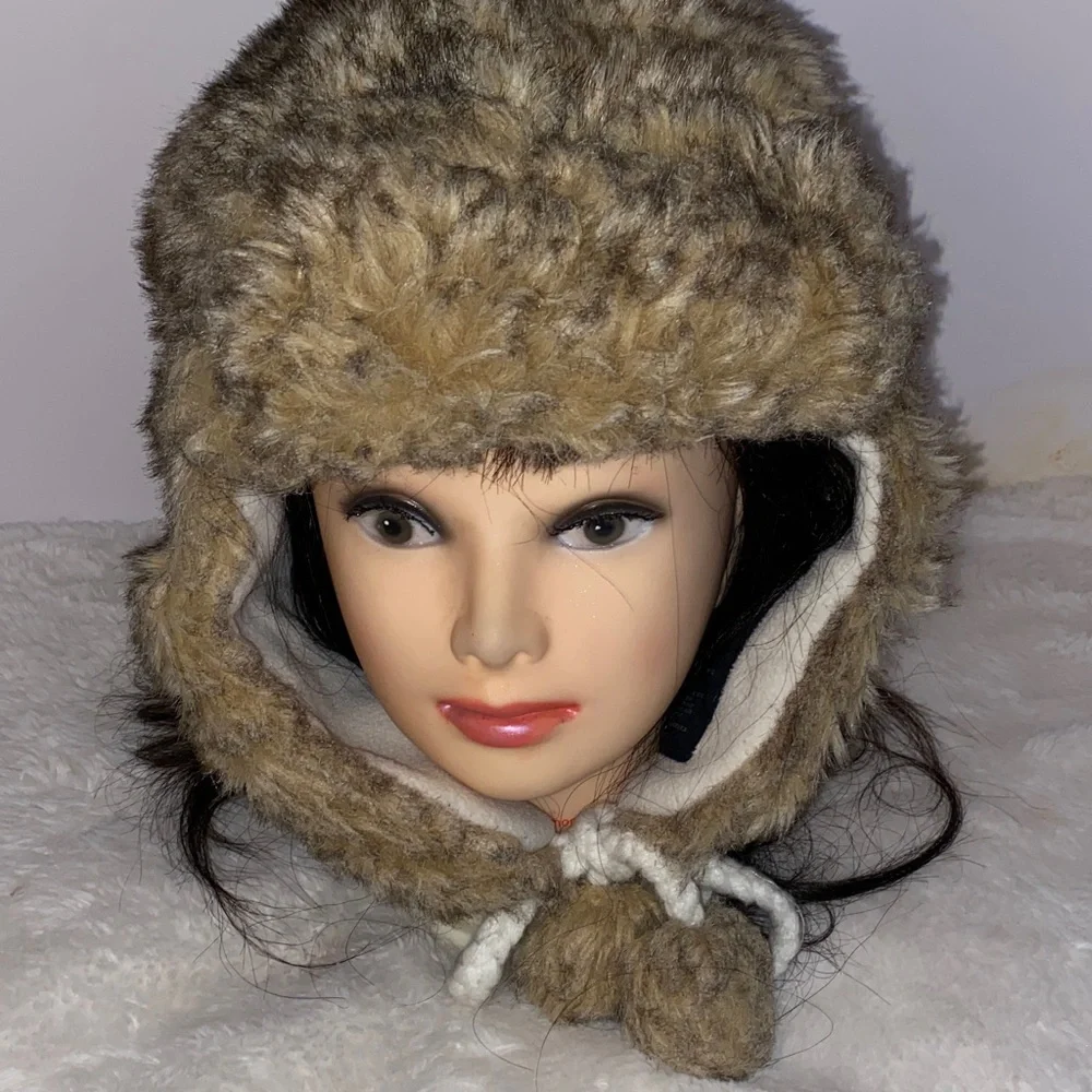 American Eagle Faux Fur Brown, Beige & Black Unisex Trapper Hat Pom Pom Tie-OS